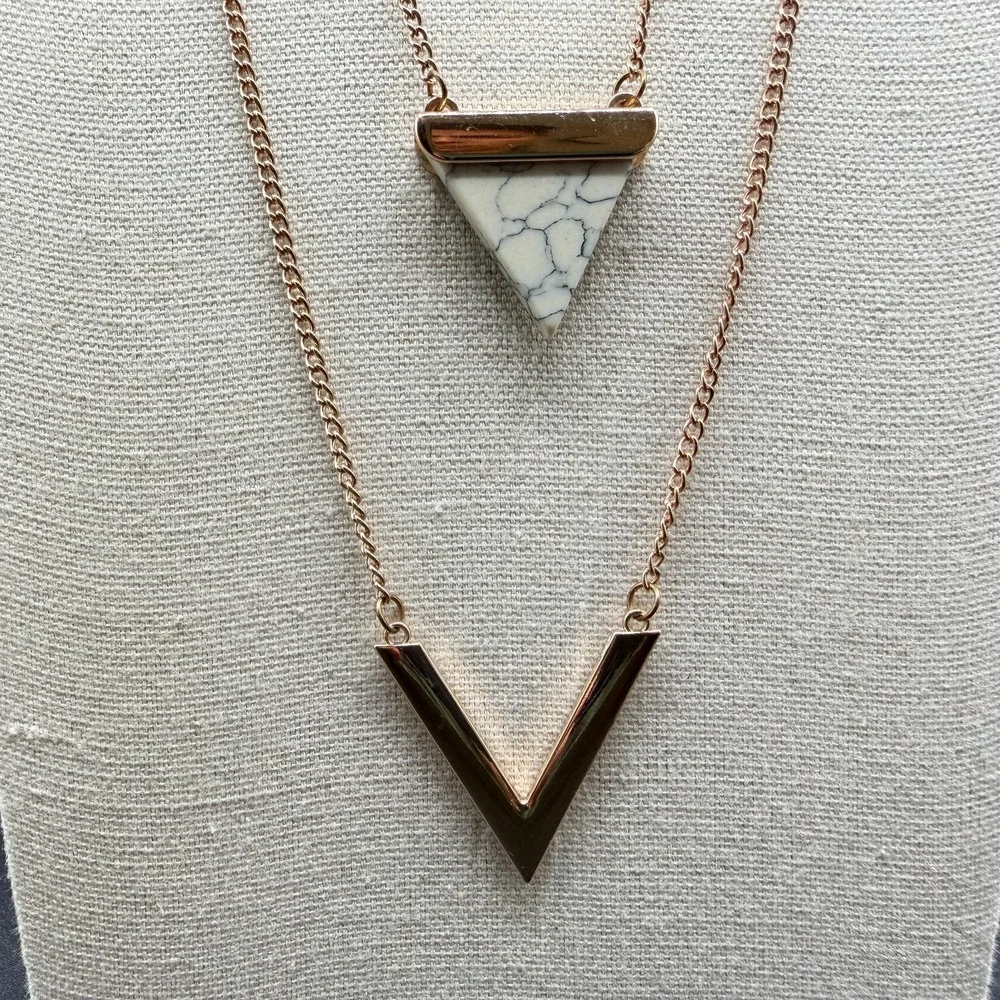 Rose Gold Tone Layered Necklace White Stone Triangle V Pendant Boho Statement